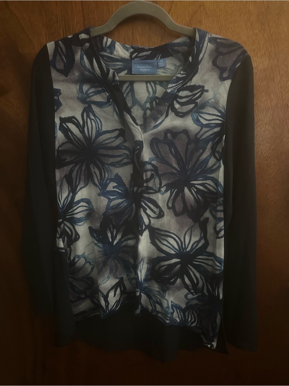 Simply Vera Wang Blue and Black Floral Split-Neck Blouse